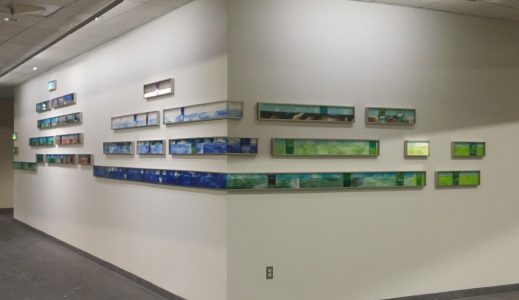 Fused glass<br>
Liberty Mutual, Dover NH<br>
installation<br>
Artists: Caroline Parent, Dr. Kathleen Kimball
