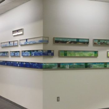 Fused glass<br>
Liberty Mutual, Dover NH<br>
installation<br>
Artists: Caroline Parent, Dr. Kathleen Kimball