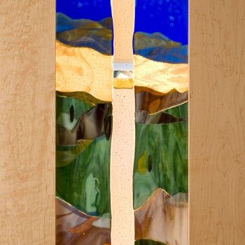 18”x 28”<br>
Fused glass Luminary,<br>
Birds Eye Maple frame<br>
Private collection<br>
Artist: Caroline Parent
