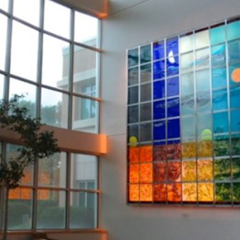 13’6” x 11’6”<br>
Fused glass, stainless steel<br>
St. Joseph Hospital,
Nashua, NH<br>
Artists: Caroline Parent
Dr. Kathleen Kimball