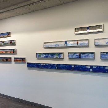 Fused glass<br>
Liberty Mutual, Dover NH<br>
installation<br>
Artists: Caroline Parent, Dr. Kathleen Kimball