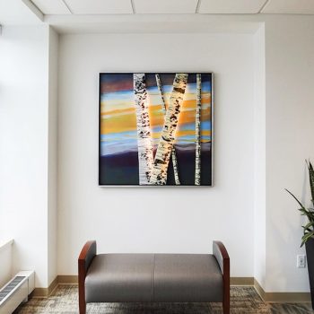 48" x 48"<br>
Fused glass, backlit with LED illumination, acrylic, latex, birch panel<br>
Medical Building<br>
Portsmouth, NH<br>
Artist: Caroline Parent 2020
