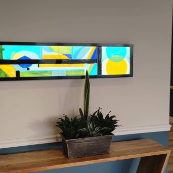 12"x45" <br>framed luminous art<br>Installed apartment building lobby Pointe Place, Dover, NH<br>Artist: Caroline Parent 2021