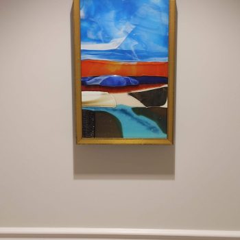 12"×20" <br>
Fused glass fitted with led backlighting<br> shown here in ambient light<br>Installed Pointe Place, Dover NH<br>Artist: Caroline Parent, April 2021