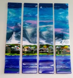 46"× 50"<br> Fused glass <br>Commission for private residence, Antrim, NH<br>Artist: Caroline Parent, October 2021