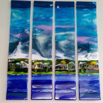 46"× 50"<br> Fused glass <br>Commission for private residence, Antrim, NH<br>Artist: Caroline Parent, October 2021