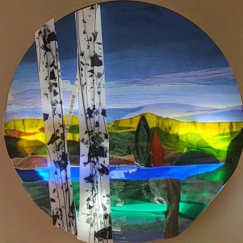 36" diameter<br>
Fused glass, painted panel, led illumination <br>with dimmer.<br>
Commission for private residence, Candia, NH <br>
Artist: Caroline Parent, October 2021