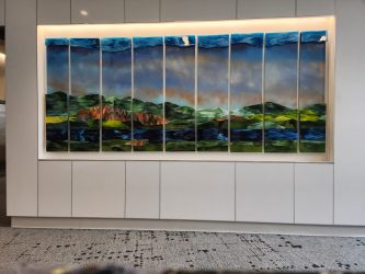 9 panels, 136" x 60"<br>
Fused glass, painted birch panels<br>
Dartmouth Hitchcock Medical Center, Lebanon, NH<br>
Artist: Caroline Parent